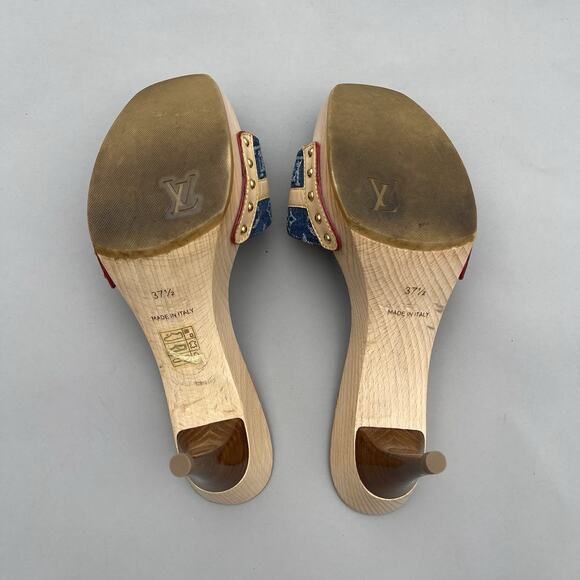 LOUIS VUITTOM Blue Monogram Denim Bow Platform Slide Mules, Size 37.5 US 7 - Picture 10 of 13